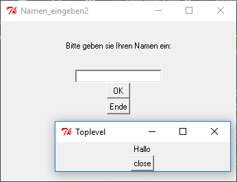 Eingabefeld für Namen, Ausgabe in Toplevel
