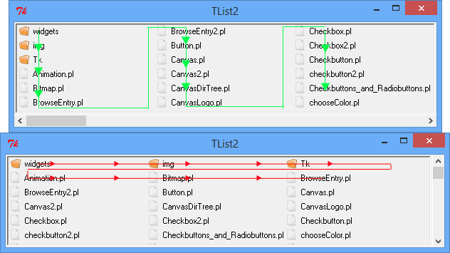 Beide Möglichkeiten der Anordnung der Objekte in der Tk::TList